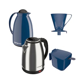 Kit Chaleira elétrica 220V e Garrafa Térmica Café Chá Azul