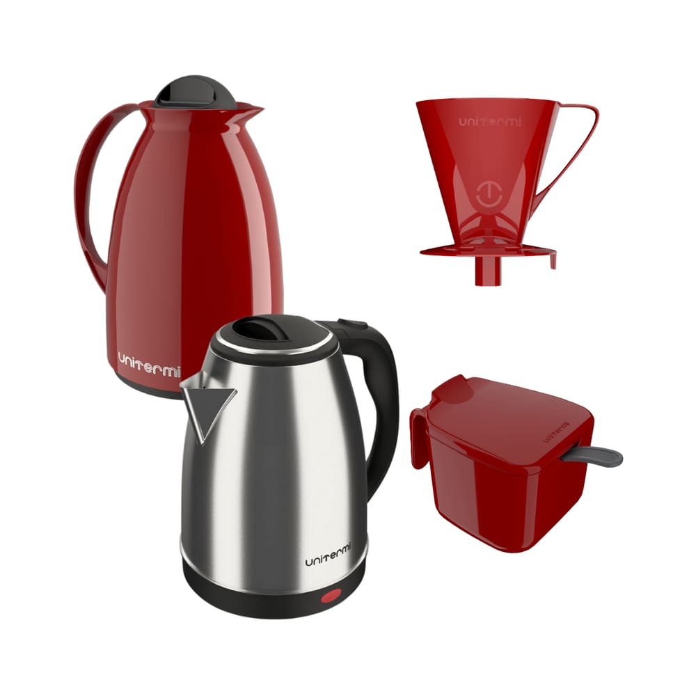 Kit Chaleira elétrica 220V e Garrafa Térmica Café Vermelha