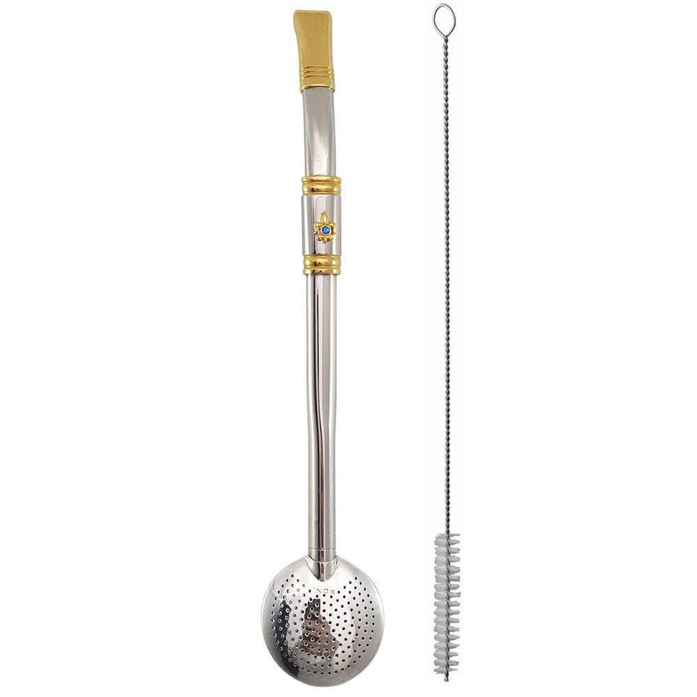 Bomba Chimarrão Rosca Aço Inox 304 Ouro 18k Pingente Desenho Flor de Lis