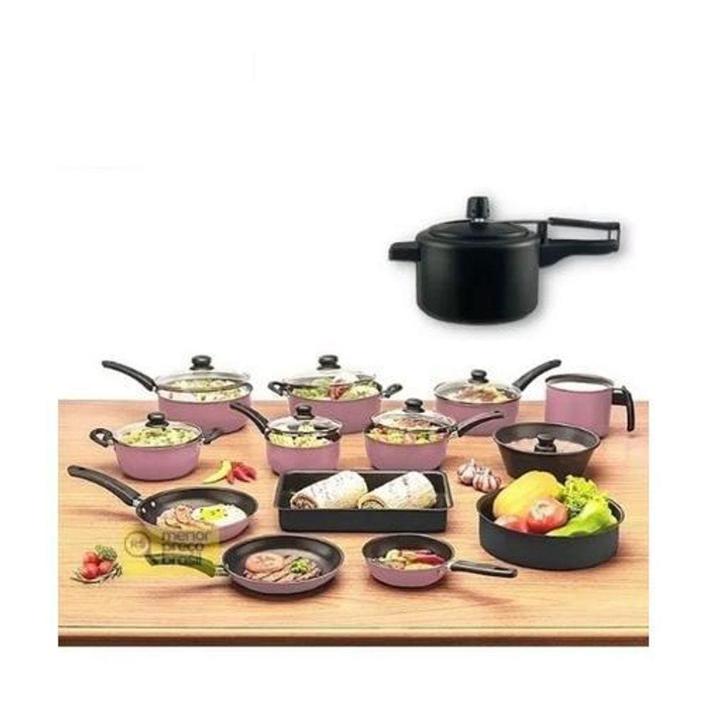 Kit 13 Panelas Completo Rose Teflon Com Panela De Pressão