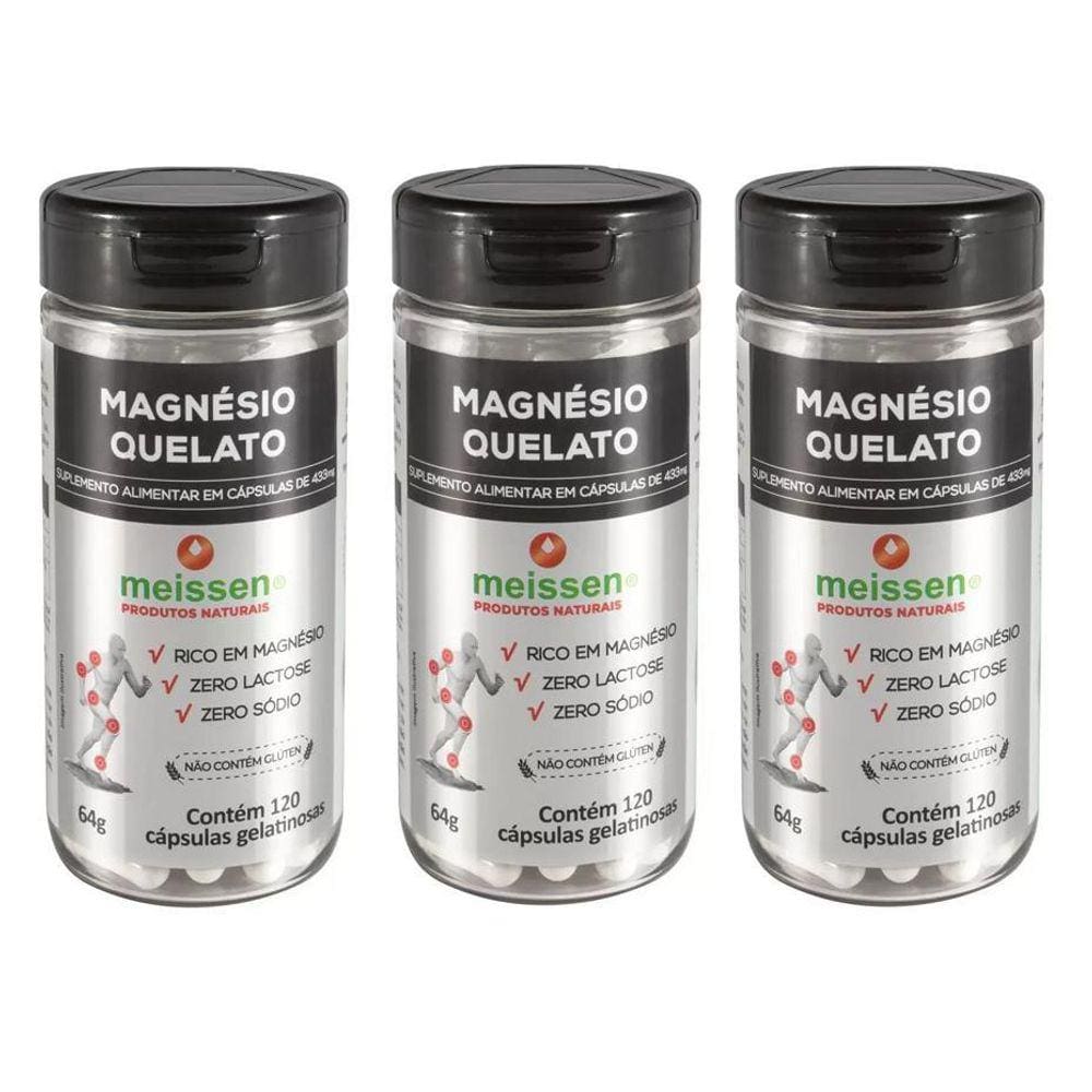 Kit 3 Frascos - Magnesio Quelato 120 Capsulas 433Mg
