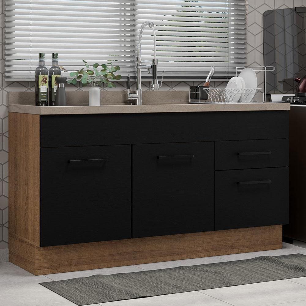 Balcão Gabinete de Pia Madesa Agata 150 cm 2 Portas e 2 Gavetas (Sem Tampo e Pia) - Rustic/Preto
