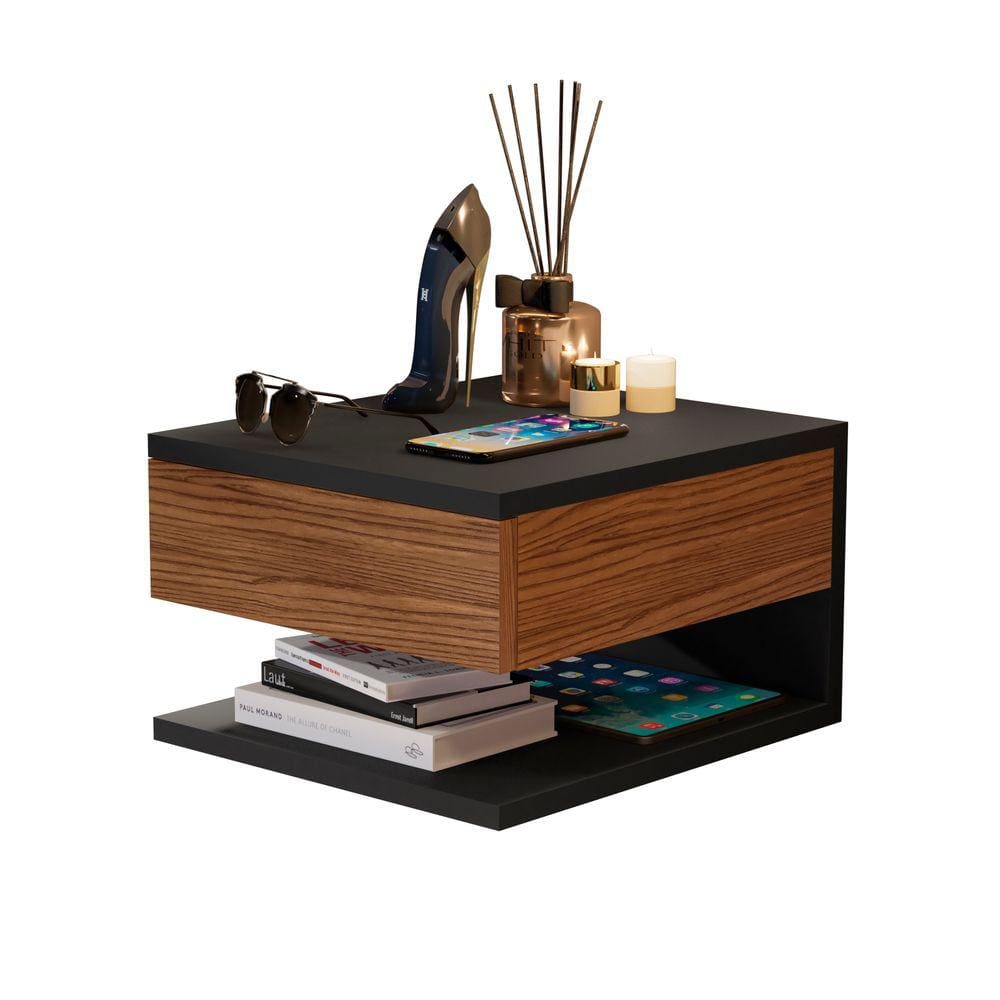 Mesa de Cabeceira Suspenso 1 Gaveta Decor Preto/Feijó - Mania de Móveis