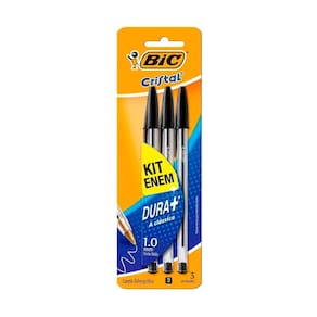 Caneta Bic Cristal Preta Dura+ com 3 Unidades