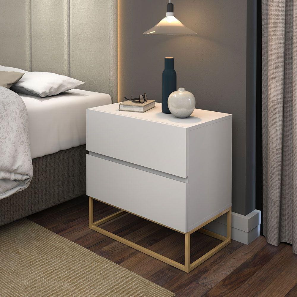 Mesa de Cabeceira Estilo Industrial 2 Gavetas Eros 45 Base Dourado