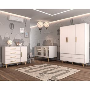 Quarto Infantil Retrô Guarda Roupa 3 Portas Lorena Cômoda com Fraldário 4 Gavetas Berço 3 em 1 Ludmila Branco Fosco Carolina Baby