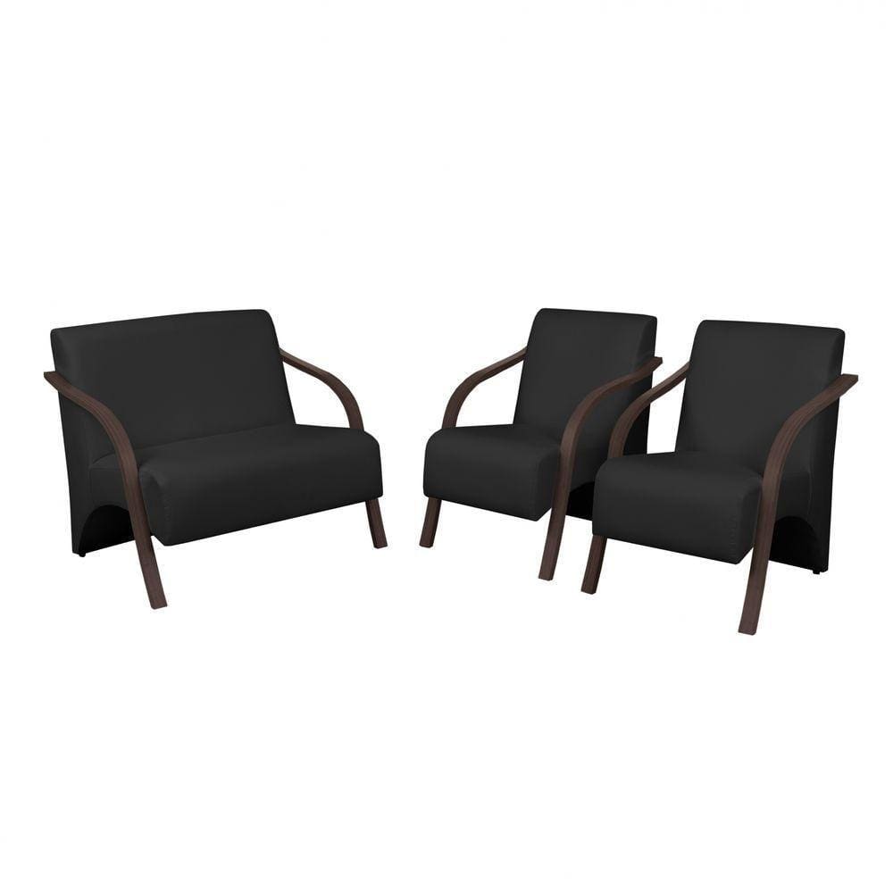 Conjunto Poltronas Vênus Braços Madeira Courino Preto