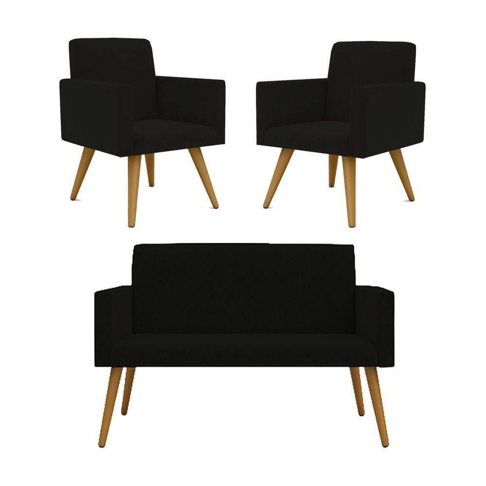 Kit Namoradeira + 02 Poltronas Decorativas Nina Preto