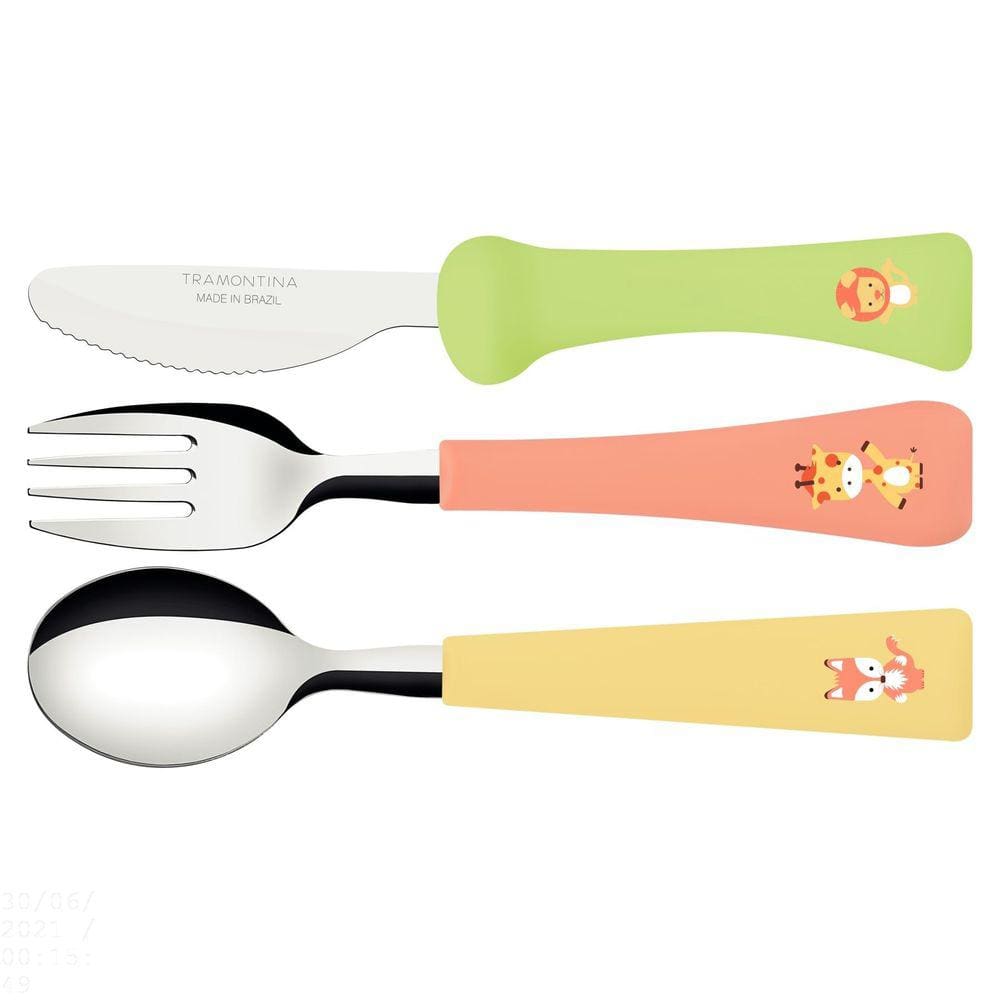Jogo de Talheres Infantil Tramontina Baby Friends com Lâminas de Aço Inox e Cabos de Polipropileno Colorido 03 Peças Tramontina