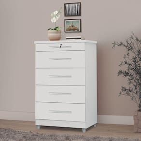 Cômoda 5 Gavetas Com Chave Branco Brilho Emas Primus