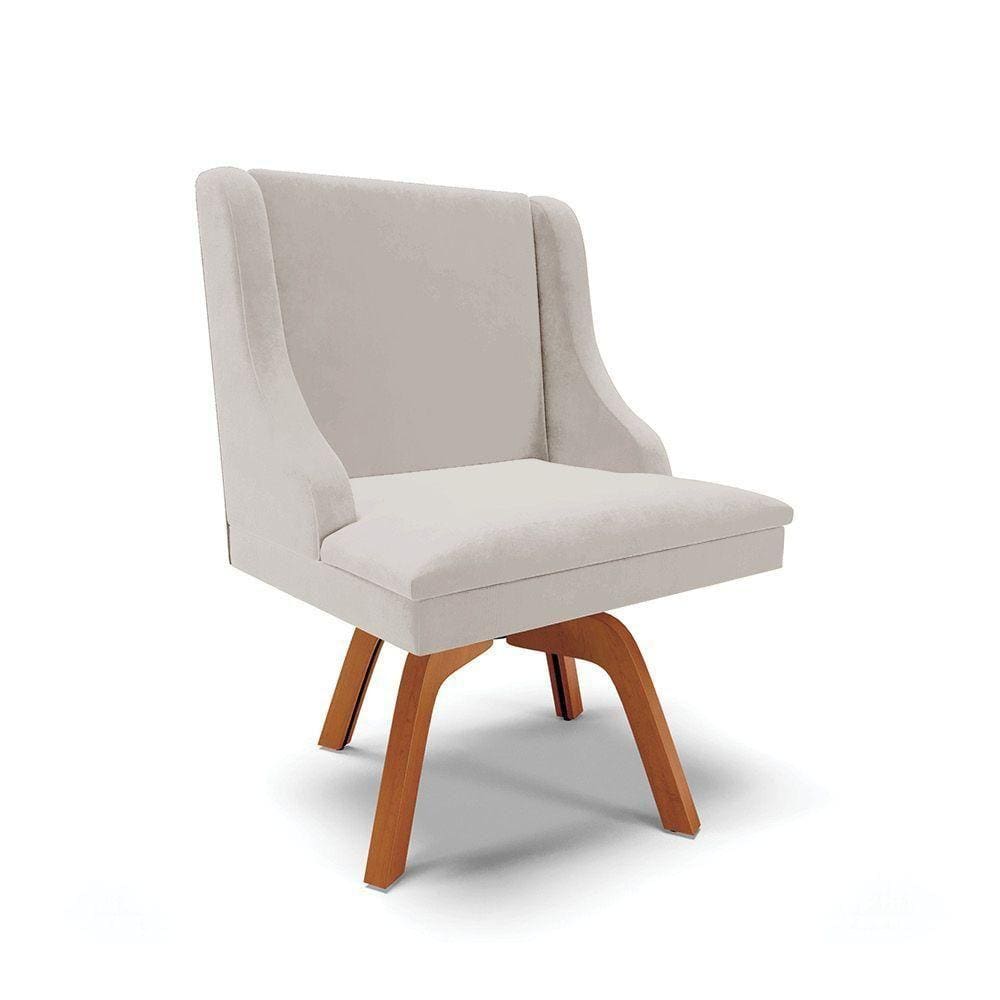 Cadeira Veludo Cinza Giratória De Madeira