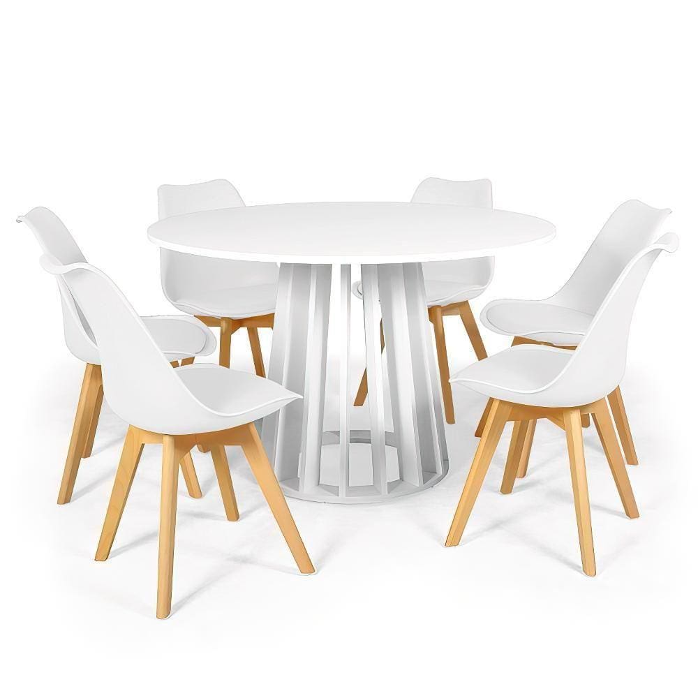 Conjunto Mesa De Jantar Redonda Talia Branca 120cm Com 6 Cadeiras Eiffel Leda - Branco