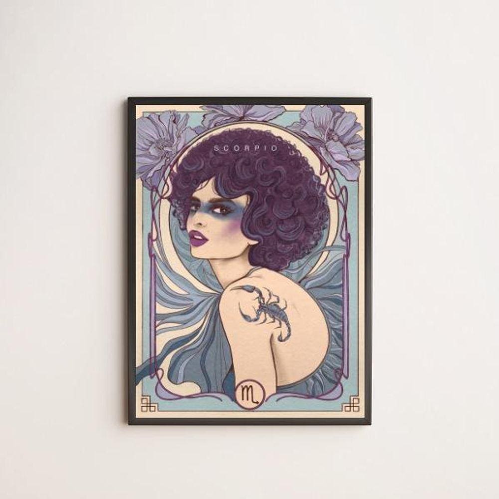 Quadro Vintage Signo Escorpião 45X34 Com Vidro Moldura Preta