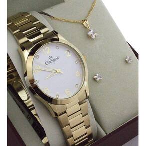 Kit Relógio Feminino Champion CN29052W Com Colar E Brincos
