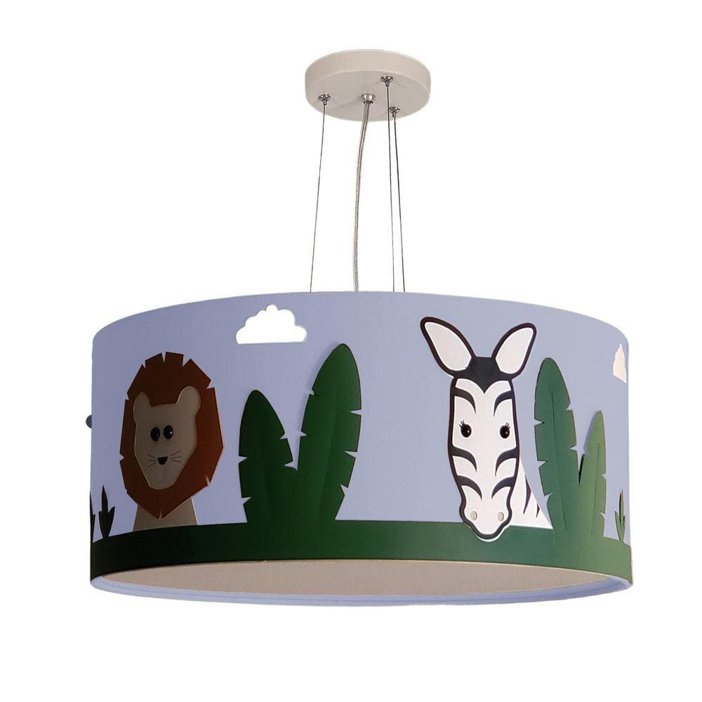 Lustre Infantil Pendente Safari Cúpula Azul Tecido 30X15