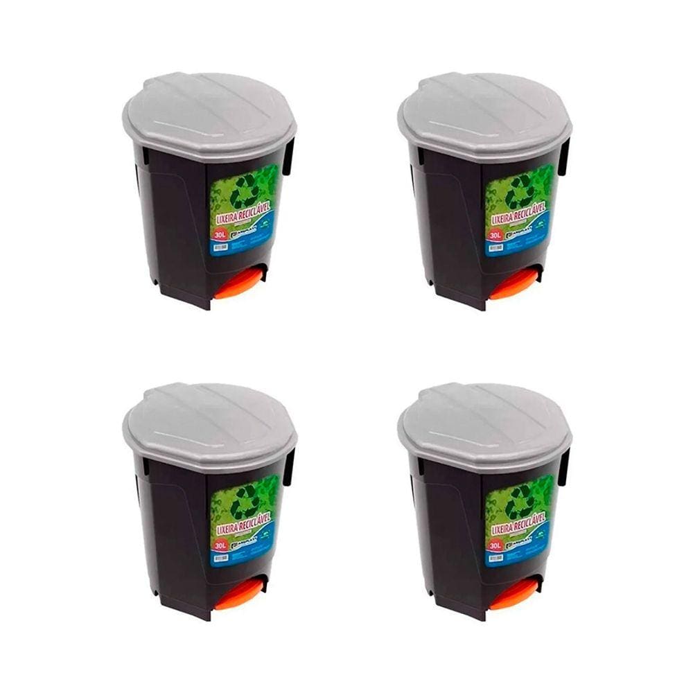 Kit 4 Lixeiras 30 Litros Multiuso Com Pedal Preta Arqplast