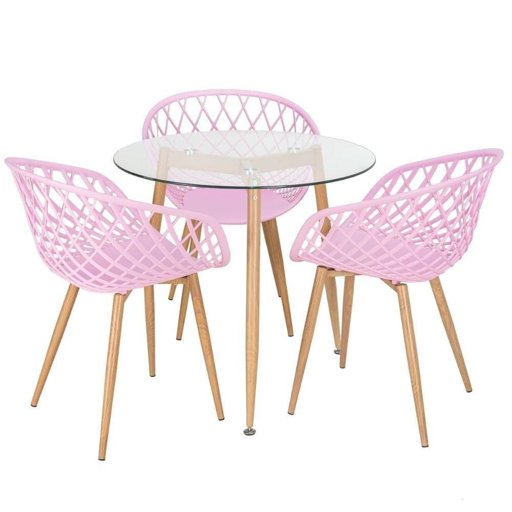 Mesa Redonda Tampo De Vidro 80 Cm + 3 Cadeiras Rosa Claro
