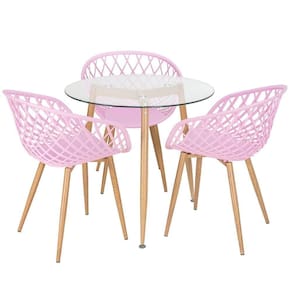 Mesa Redonda Tampo De Vidro 80 Cm + 3 Cadeiras Rosa Claro
