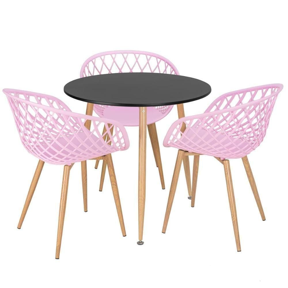 Mesa Redonda 80 Cm Preto + 3 Cadeiras Rosa Claro Rosa Claro