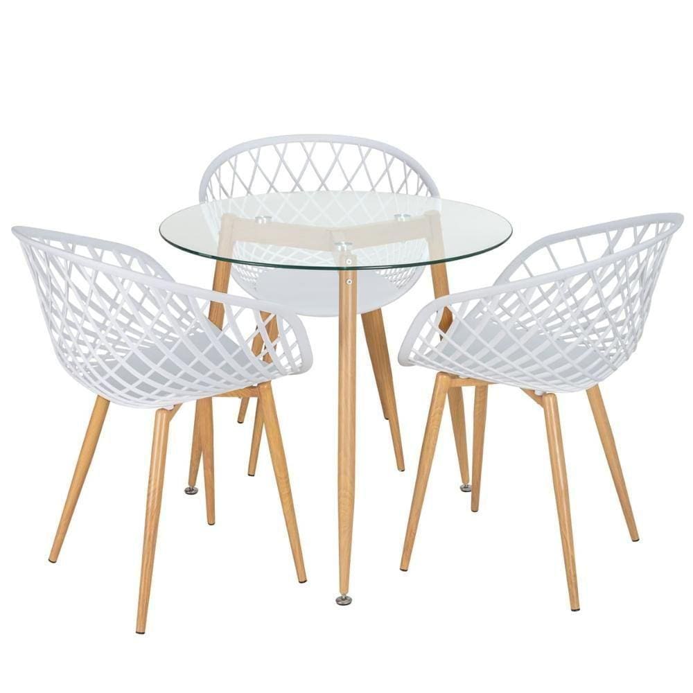 Mesa Redonda Tampo De Vidro 80 Cm + 3 Cadeiras Branco