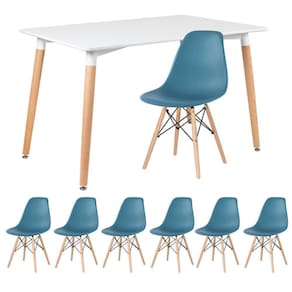 Mesa Retangular 80 X 120 Cm Branco + 6 Cadeiras Turquesa