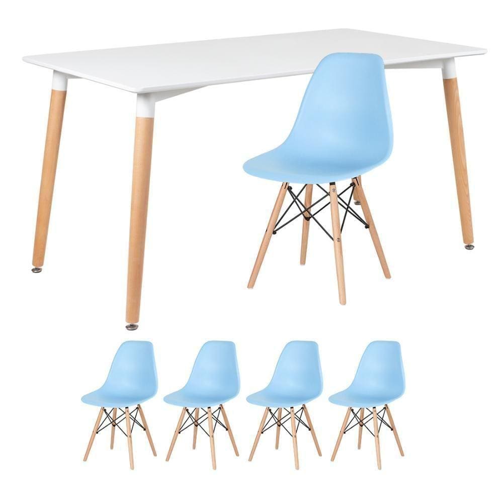 Mesa Retangular 80 X 140 Cm Branco + 4 Cadeiras Azul Claro