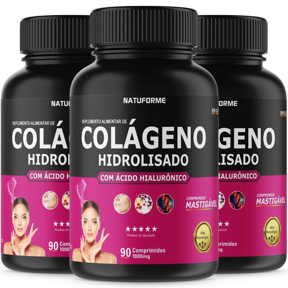 Kit 3 Potes Colágeno Com Ácido Hialurônico 90 Comprimidos