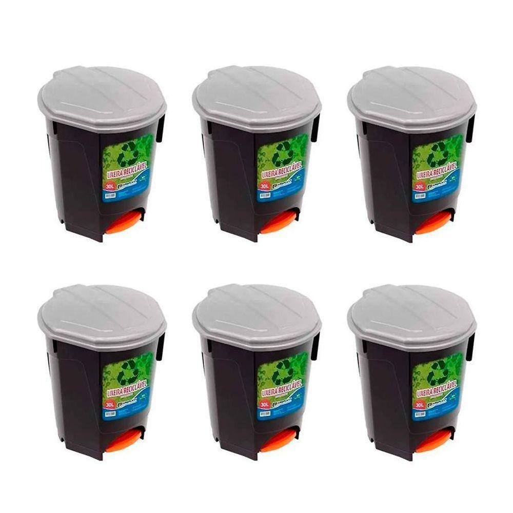Kit 6 Lixeiras 30L Com Pedal Preta Multiuso Arqplast