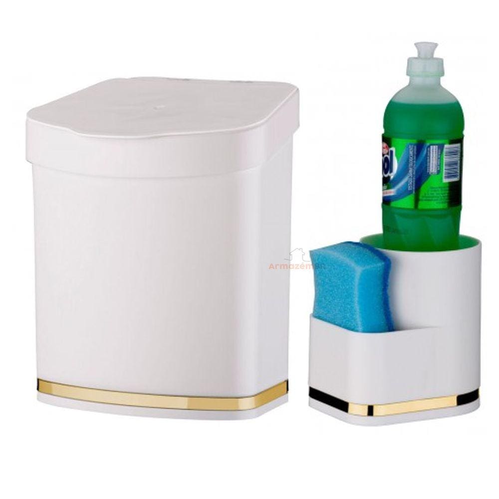 Kit Cozinha 2 Peças Lixeira 2,5L Organizador Porta Detergente Líquido Esponja Para Pia Branco Dourado - Future