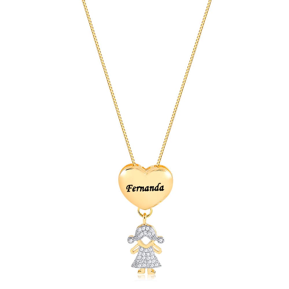 Colar Personalizado Com Pingente Coração Com Nome E Menina Banhado Em Ouro 18K