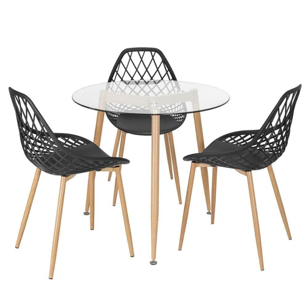 Mesa Redonda Tampo De Vidro 80 Cm + 3 Cadeiras Preto
