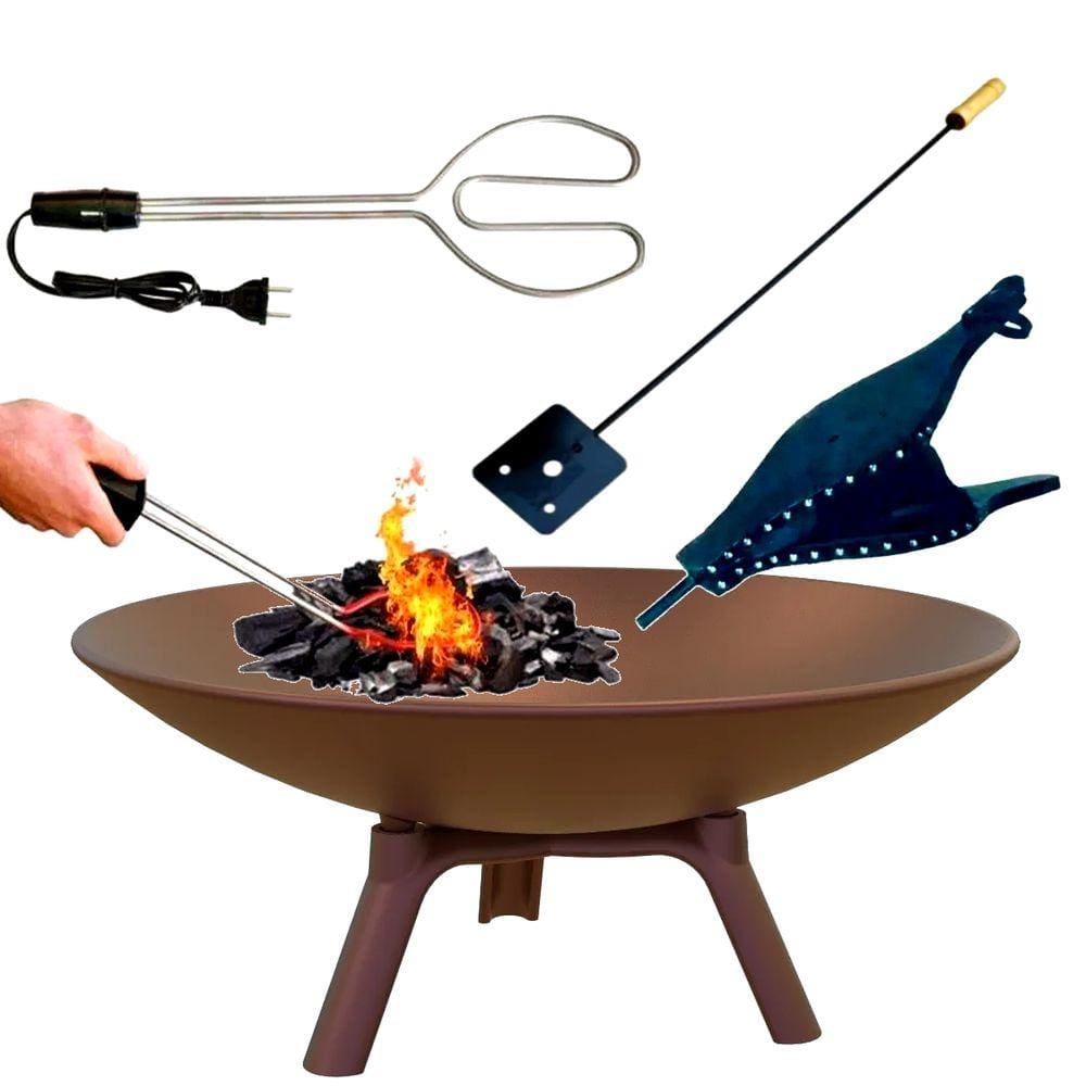 Kit Lareira Ferro Envelhecida Acendedor 110v Fole Espalhador