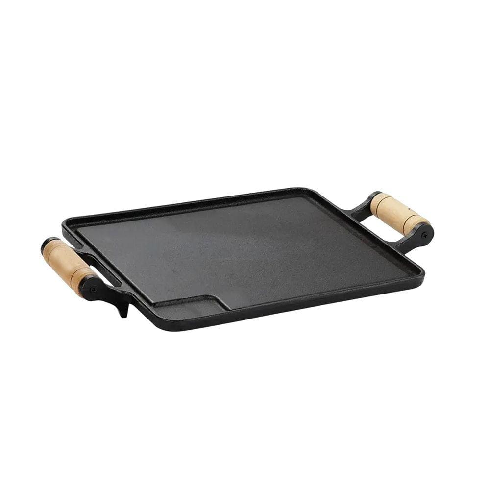 Bifeteira de Ferro Fundido Quadrada Alça Madeira 25x25cm