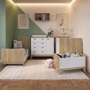 Quarto de Bebê Gêmeos com 2 Berços Cômoda Caixa de Brinquedos e 2 Nichos Favo de Marrom Completa Móveis Itapuã/Branco