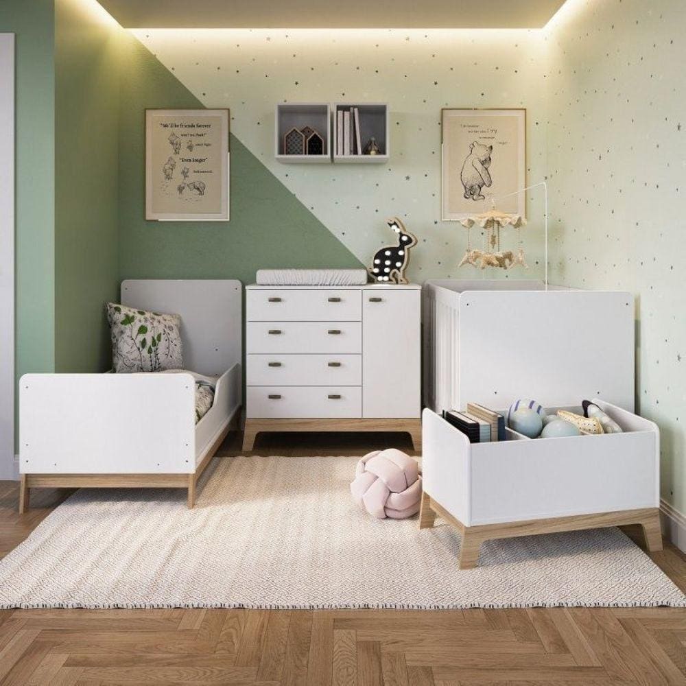 Quarto de Bebê Gêmeos com 2 Berços Cômoda Caixa de Brinquedos e 2 Nichos Favo de Marrom Completa Móveis Branco