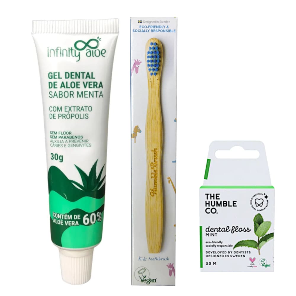 Escova de Dentes Infantil de Bambu + Fio Dental Orgânico + Gel Dental Sem Fluor