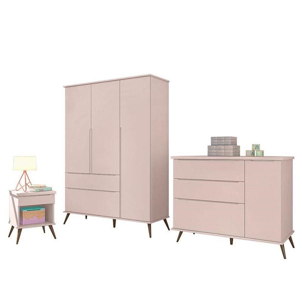 Jogo de Quarto Infantil Retrô Alice Guarda Roupa, Cômoda com Porta e Mesinha Rosê - PR Baby