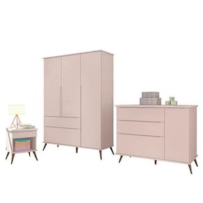 Jogo de Quarto Infantil Retrô Alice Guarda Roupa, Cômoda com Porta e Mesinha Rosê - PR Baby