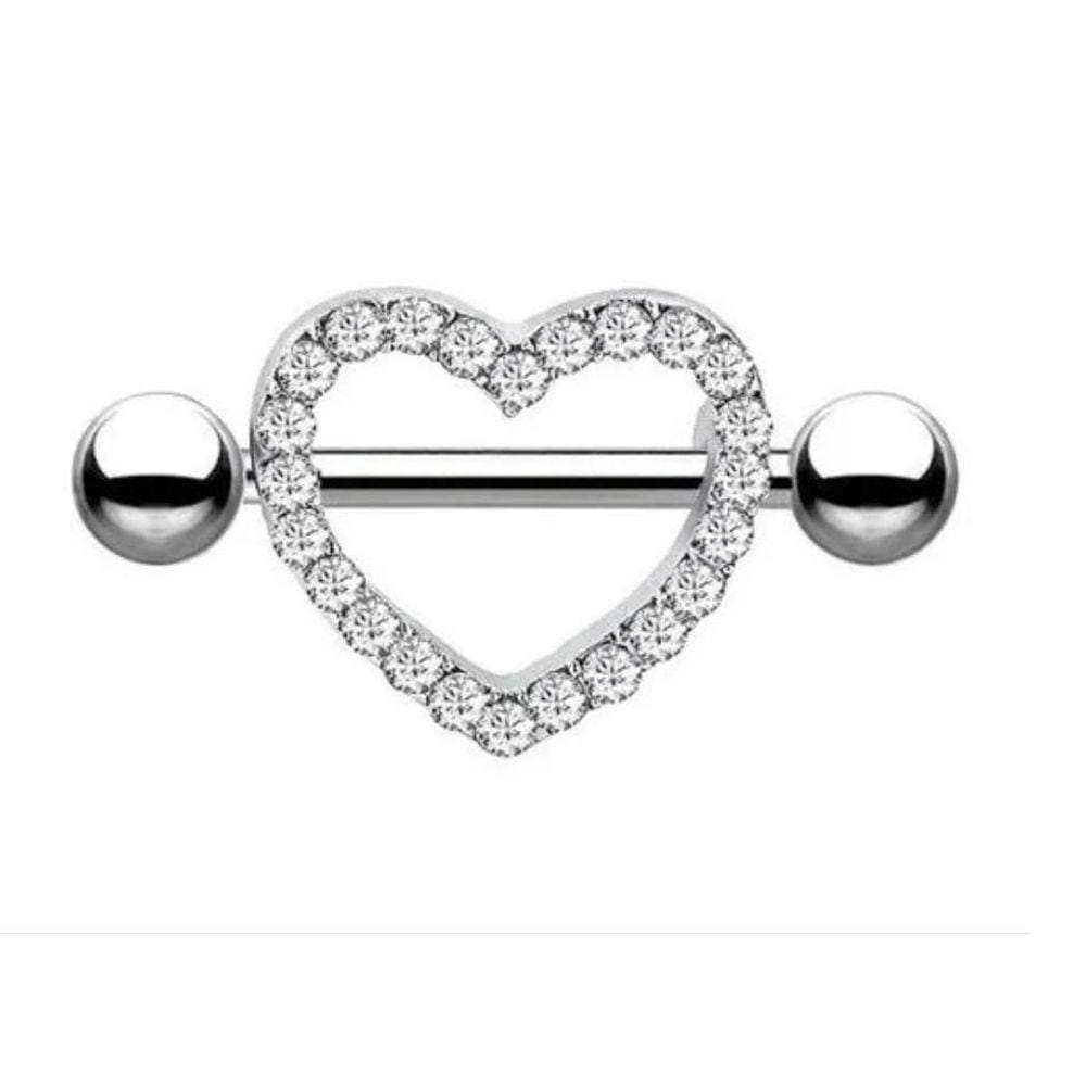 Par Piercing Mamilo Peito Titânio Coração Prateado Cristal