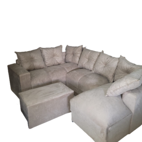 Sofá de Canto com Chaise + Puff Bege Suede