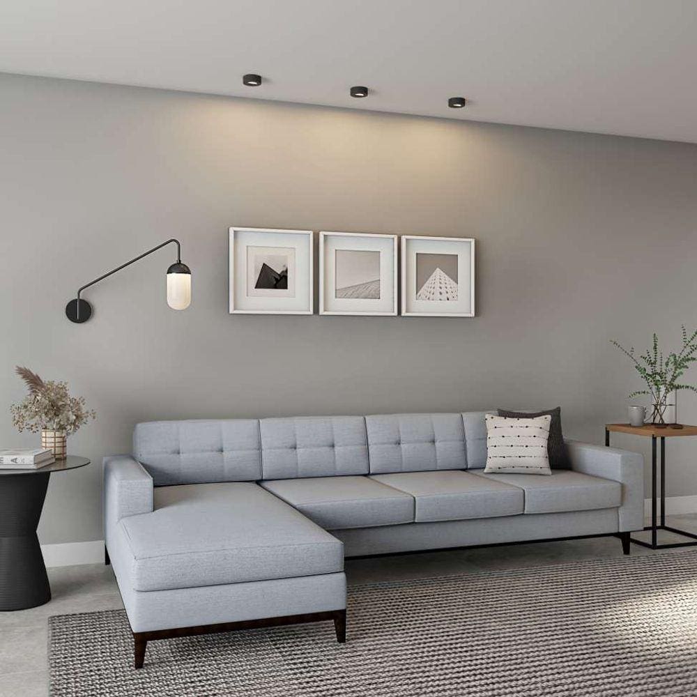 sofá 4 lugares happy com chaise esquerdo pés e base em madeira linho cotton cinza