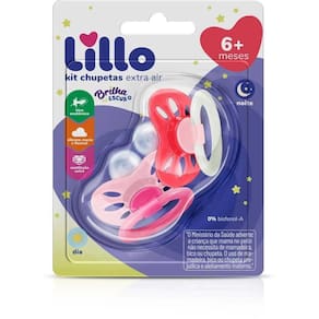 Kit Com 2 Chupetas 6+ Silicone Rosa Brilha no Escuro Lillo - 632431
