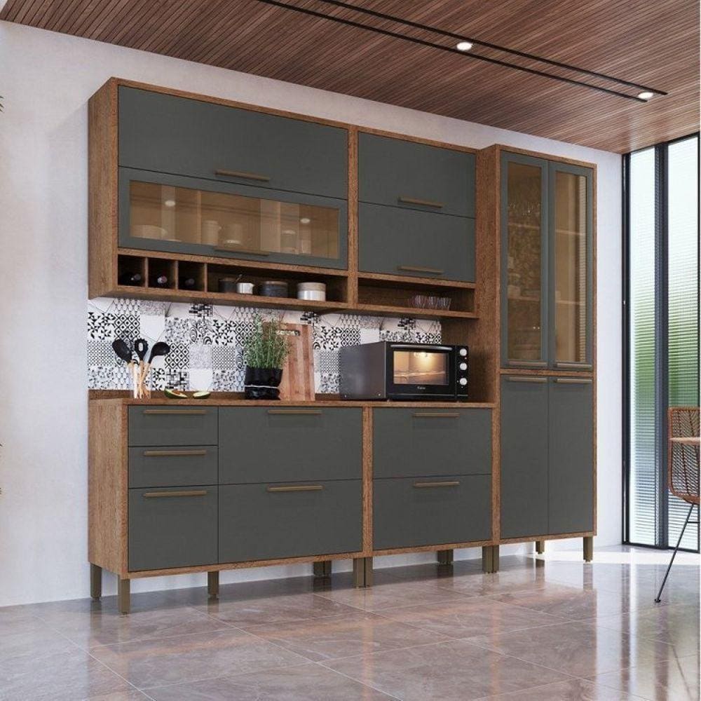 Armário de Cozinha Completo 5 Peças 100% MDF 11 Portas com Vidros Reflecta Helena Espresso Móveis Castanho/Cinza