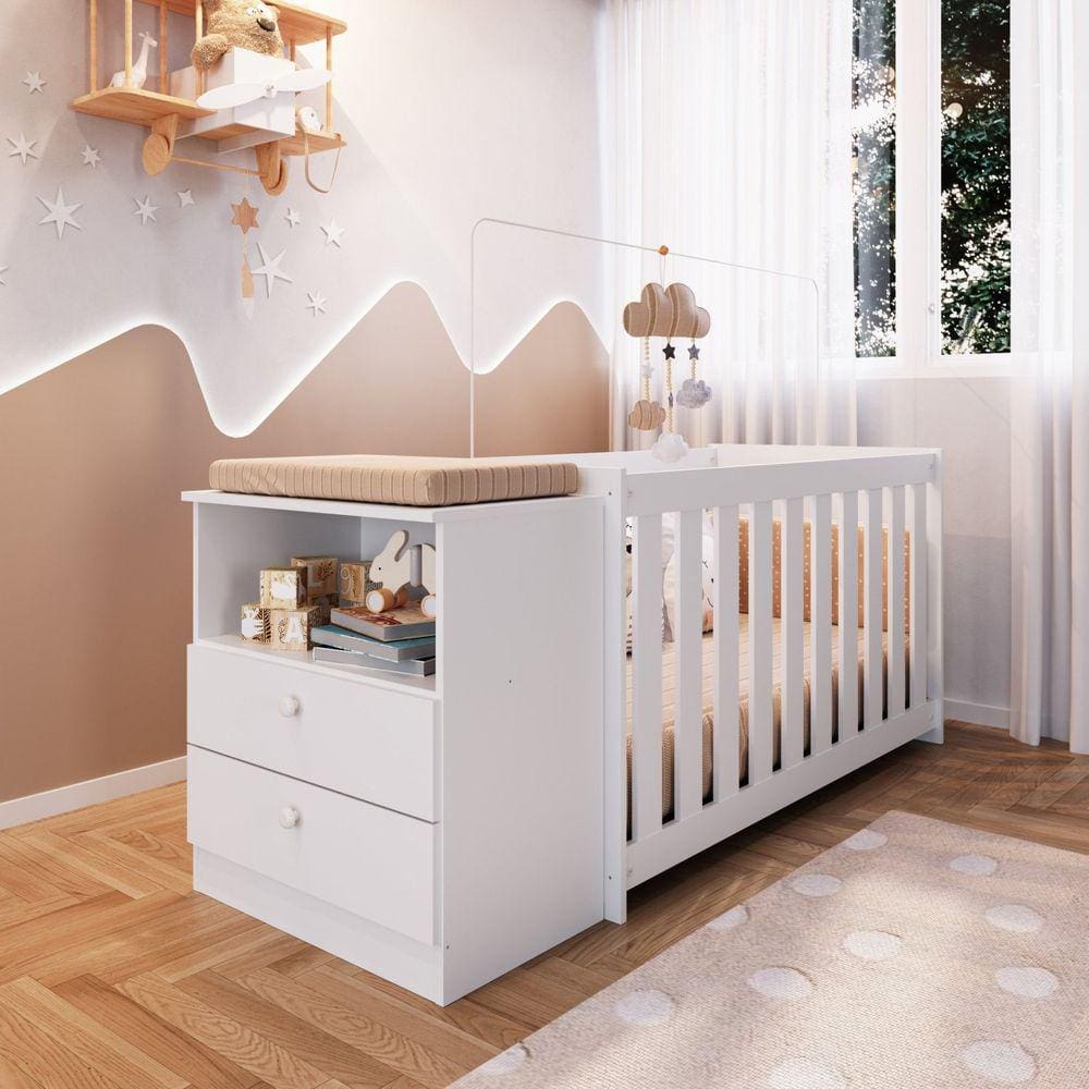 Conjunto Quarto de Bebê 1 Berço com Colchão 1 Cômoda Trocador Aconchego Completa Móveis Branco