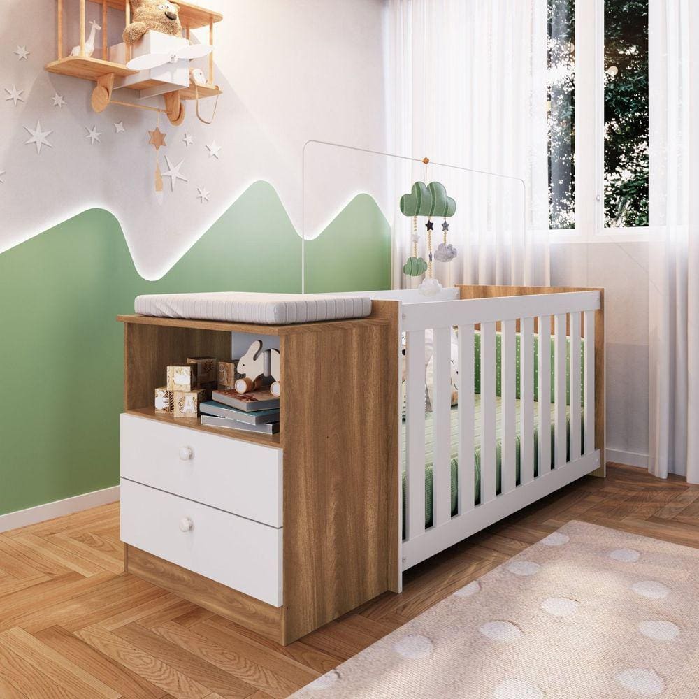 Conjunto Quarto de Bebê 1 Berço com Colchão 1 Cômoda Trocador Aconchego Completa Móveis Nogal Manchester