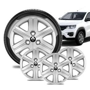 Jogo 4 Calota Renault Aro 14 Kwid Zen Prata Logo Preto