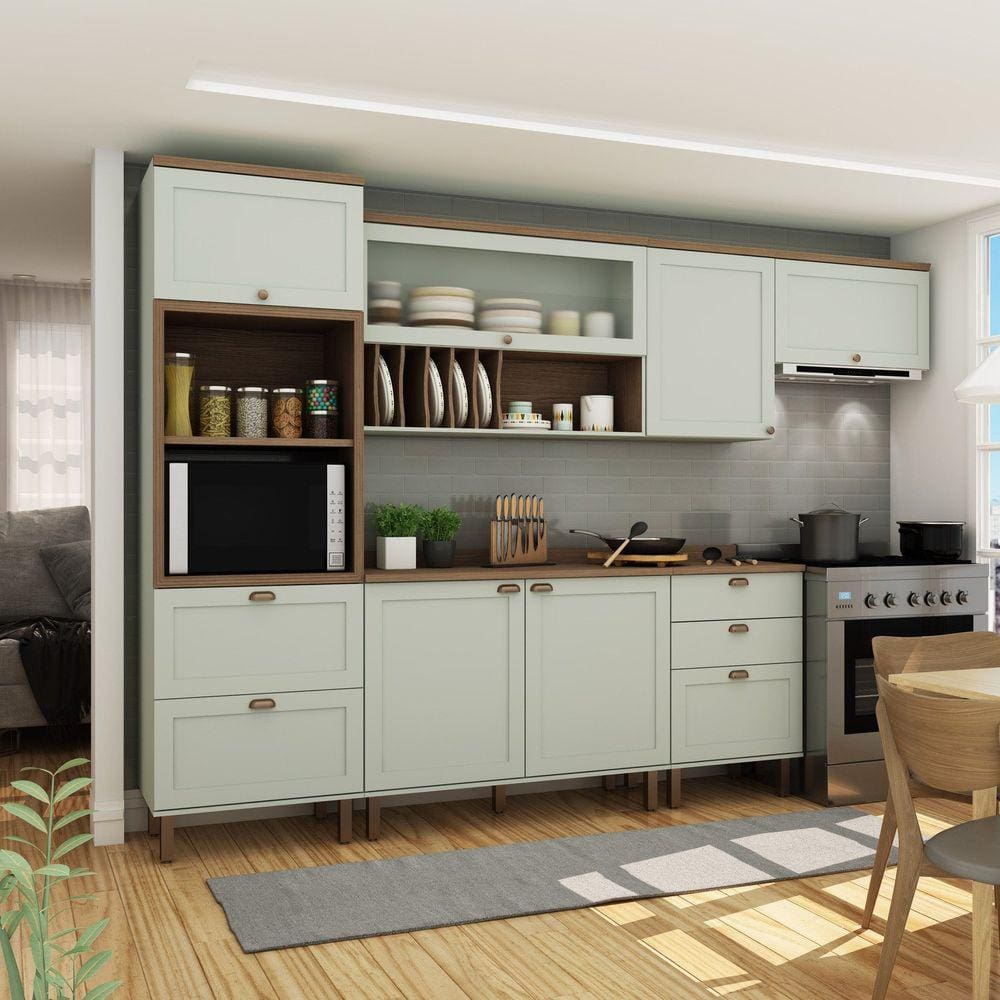 Cozinha Completa 6 Peças Torre Quente 2 Balcões 3 Armários Aéreos Iluminata Genialflex Verde Mint/Ébano