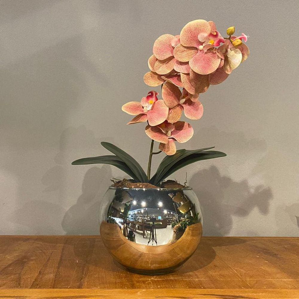 Orquídea Rosa Artificial Arranjo no Vaso Espelhado Flores Permanentes