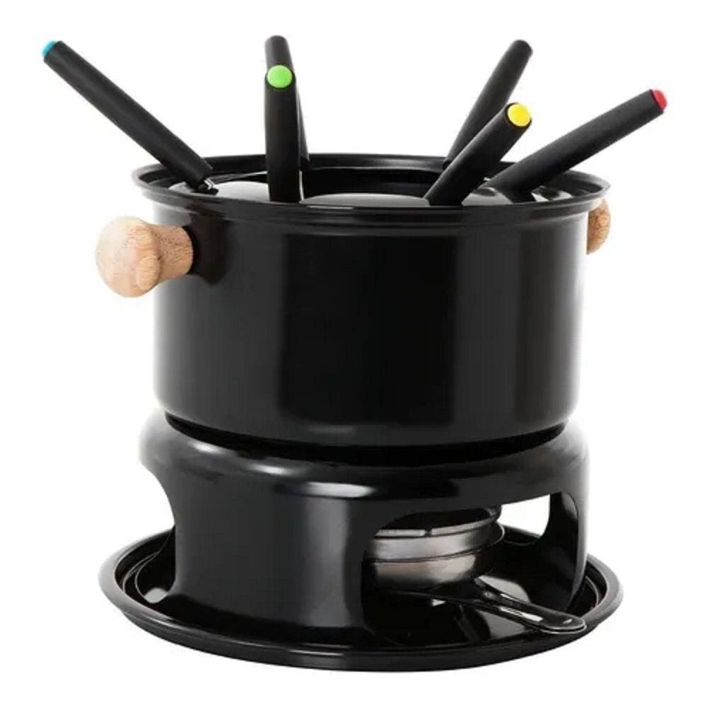 Kit Aparelho Fondue 11 Peças Fogareiro Panela Queijo Chocolate Gourmet Conjunto Cozinha Aço Madeira