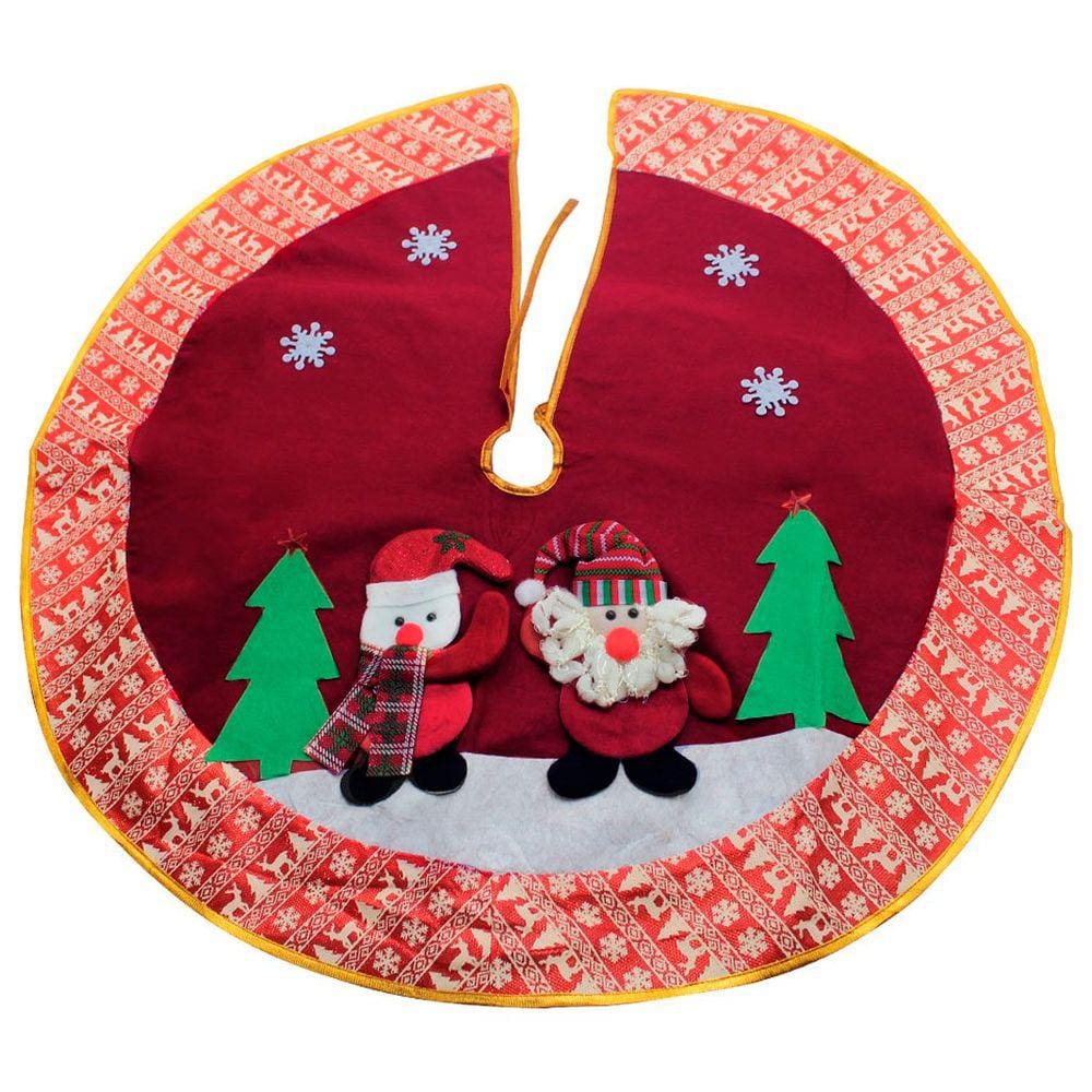 Saia Para Árvore de Natal Vermelha Temática Papai Noel E Boneco De Neve Feltro 88cm